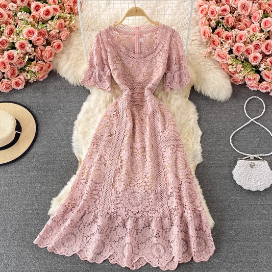 Summer Round Neck Hollow Lace Dress Elegant Big Swing Long Skirt 1357