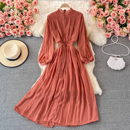 Chic Stand Collar Chiffon Dress Autumn Long Sleeves Long Skirt 1381