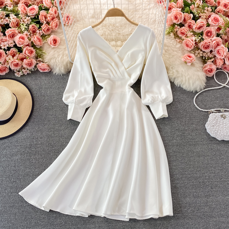 Autumn V Neck Elegant Long Sleeves Chiffon Dress 1525