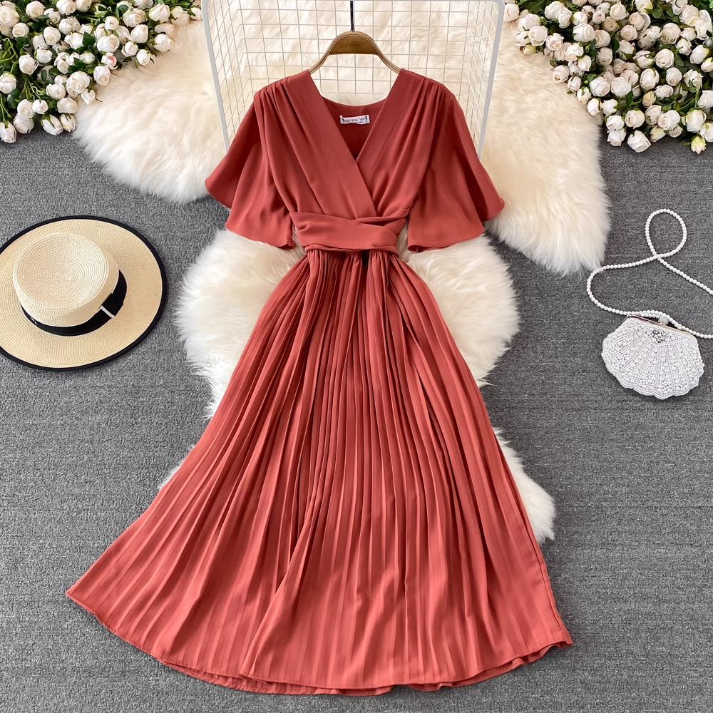 Summer New V Neck Short Sleeves Chiffon Pleated Dress 1457