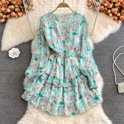 Autumn Fairy V Neck Ruffled Floral Chiffon Dress 1391