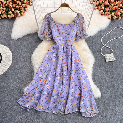 Summer Mid Length Sweet Fairy Floral Chiffon Dress 1424