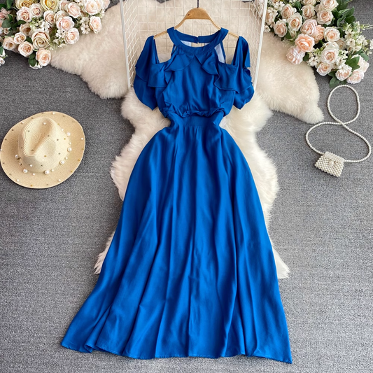 Elegant Round Neck Halter Neck Ruffled A Line Dress 1520