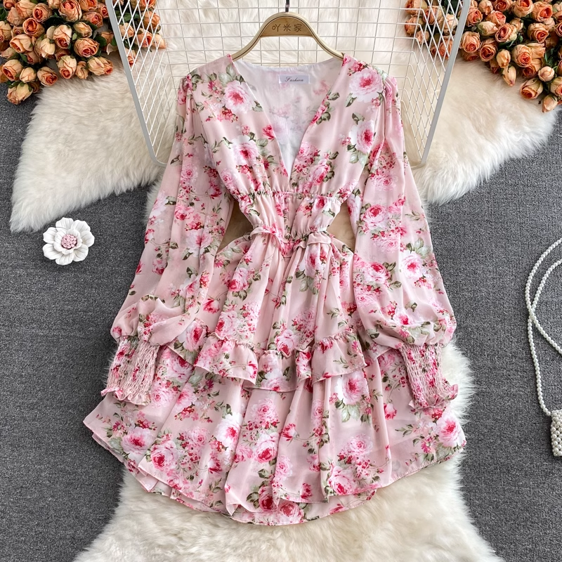 Autumn Fairy V Neck Ruffled Floral Chiffon Dress 1391