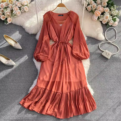 V Neck Lantern Long Sleeves A Line Ruffled Elegant Dress 1532