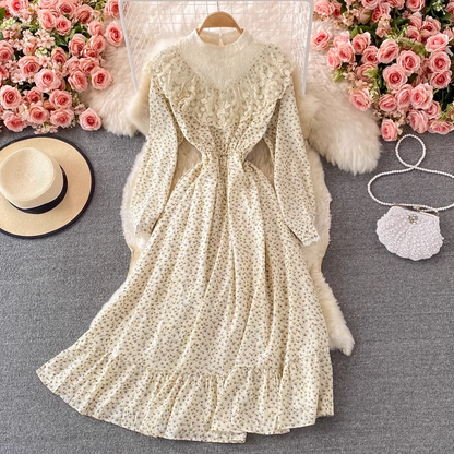 Autumn Stand Collar Lace Floral Dress Sweet Princess Dress 1383