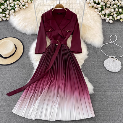 Spring and Summer Korean Style Suit Collar Gradient Pleated Elegant Dress 1435