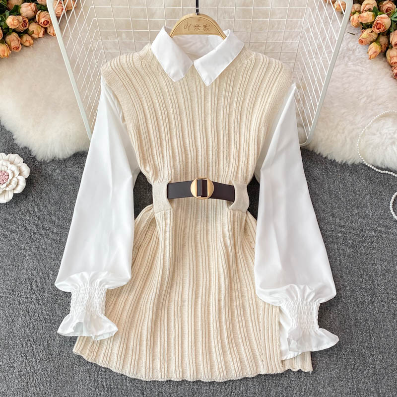 Spring and Autumn Korean Style Casual White Shirt  Knitted Vest  Two Pieces Set 1509