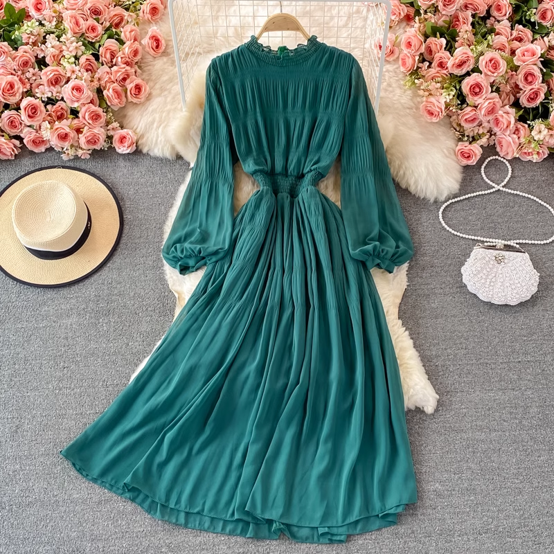 Chic Stand Collar Chiffon Dress Autumn Long Sleeves Long Skirt 1381