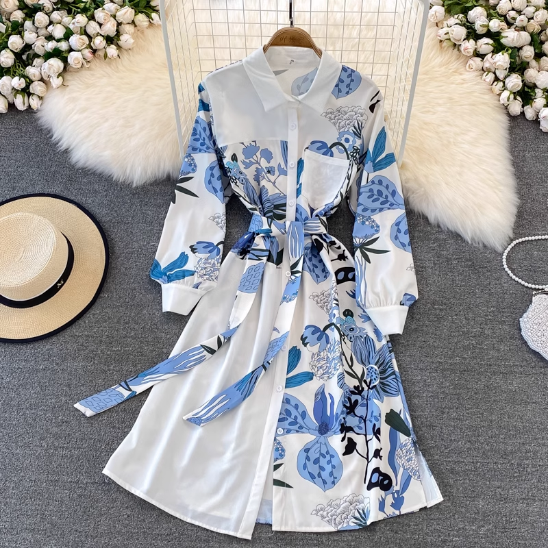 Spring and Autumn Retro Printed Shirt Dress for Women 1420