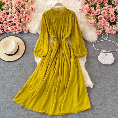 Chic Stand Collar Chiffon Dress Autumn Long Sleeves Long Skirt 1381