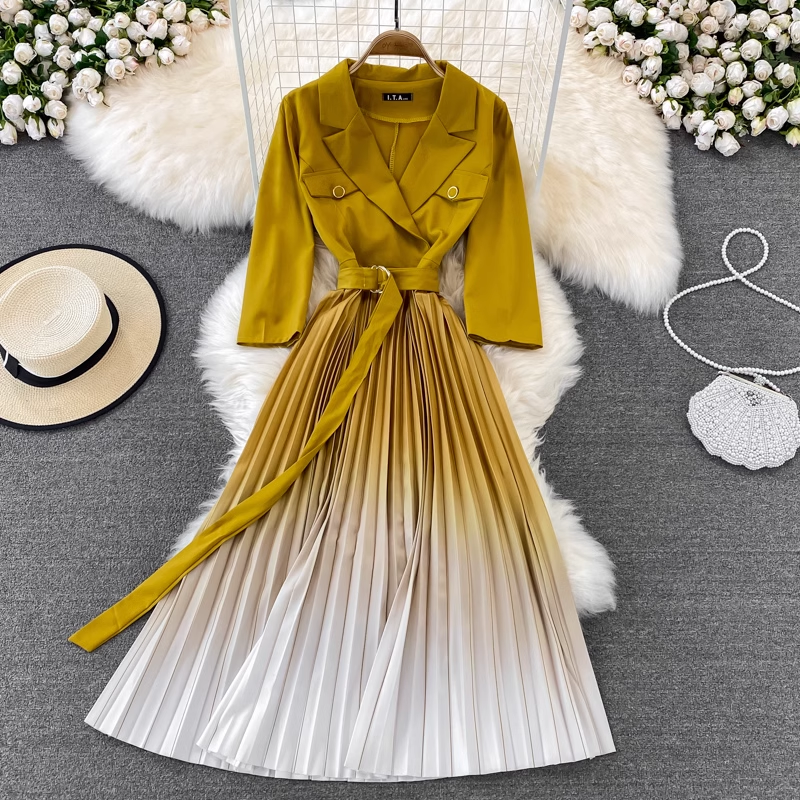 Spring and Summer Korean Style Suit Collar Gradient Pleated Elegant Dress 1435