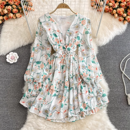 Autumn Fairy V Neck Ruffled Floral Chiffon Dress 1391