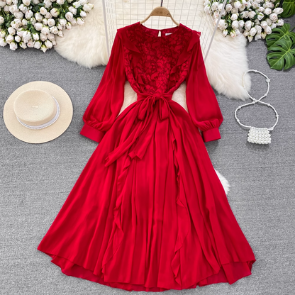 Long Sleeved Round Neck Lace A Line Ruffled Dress Elegant Long Skirt 1540