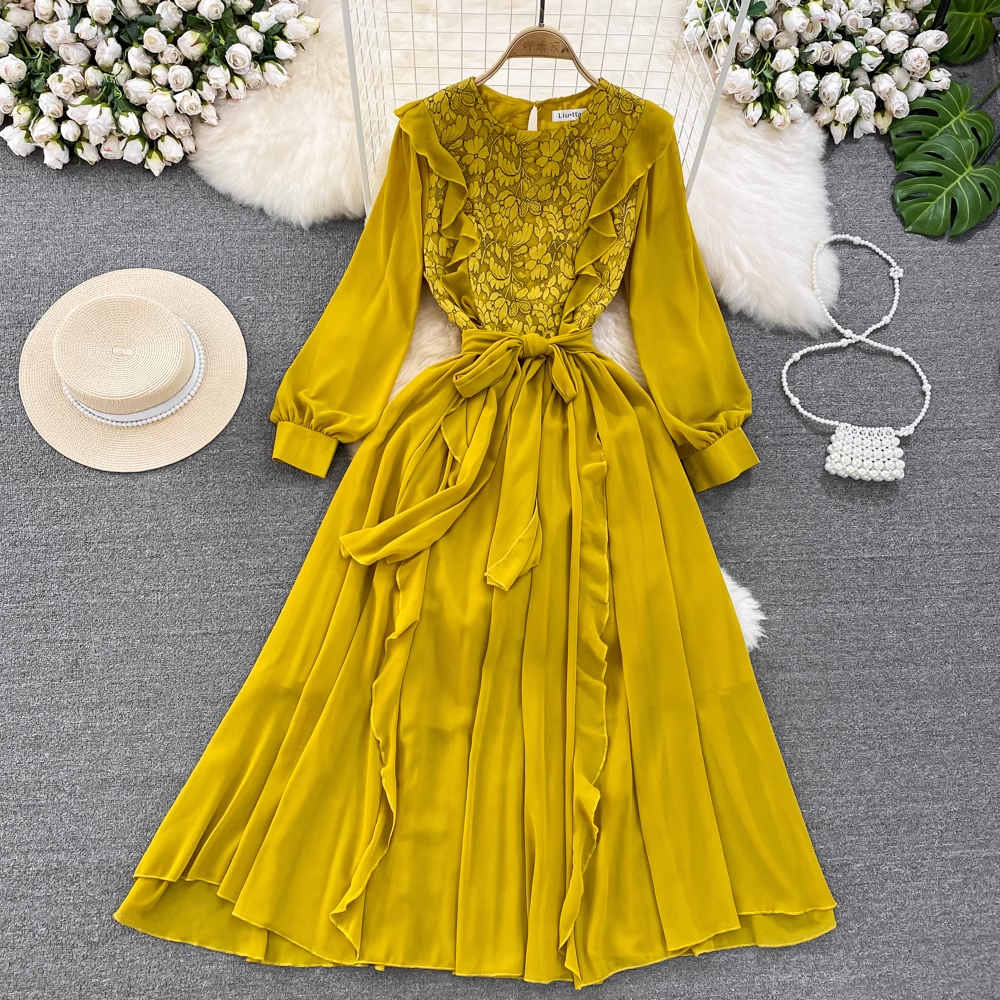 Long Sleeved Round Neck Lace A Line Ruffled Dress Elegant Long Skirt 1540