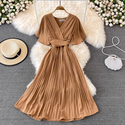 Summer New V Neck Short Sleeves Chiffon Pleated Dress 1457