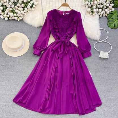 Long Sleeved Round Neck Lace A Line Ruffled Dress Elegant Long Skirt 1540