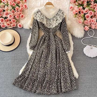 Autumn Stand Collar Lace Floral Dress Sweet Princess Dress 1383