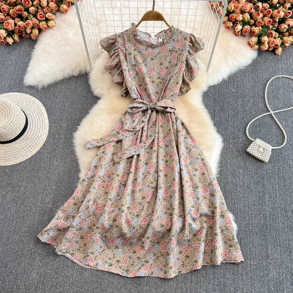 knee length dresses for ladies Frill Chiffon Floral Long Dress