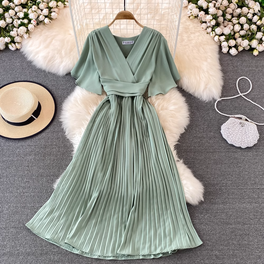 Summer New V Neck Short Sleeves Chiffon Pleated Dress 1457