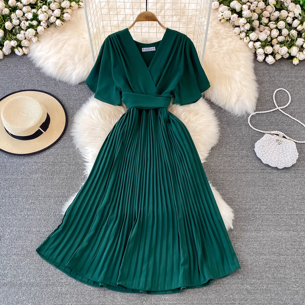 Summer New V Neck Short Sleeves Chiffon Pleated Dress 1457