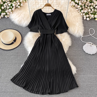 Summer New V Neck Short Sleeves Chiffon Pleated Dress 1457