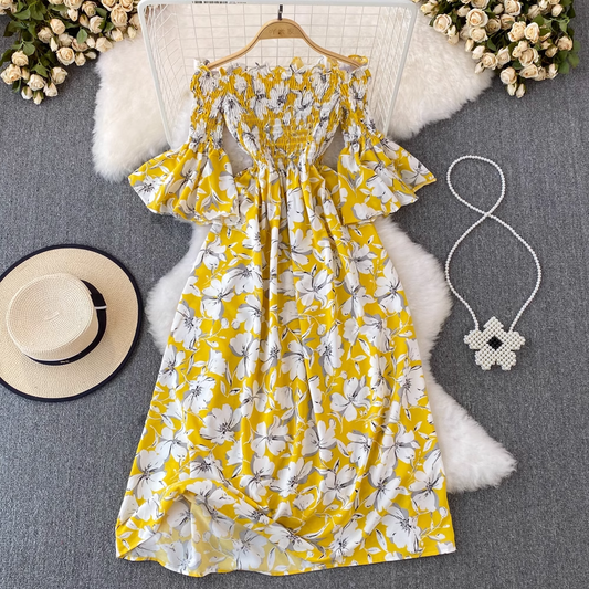 Summer Retro Off Shoulder Mid Length A Line Floral Dress 1648