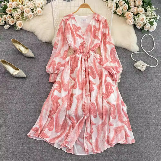 V Neck Long Sleeves Printed A Line Elegant Dress 1597