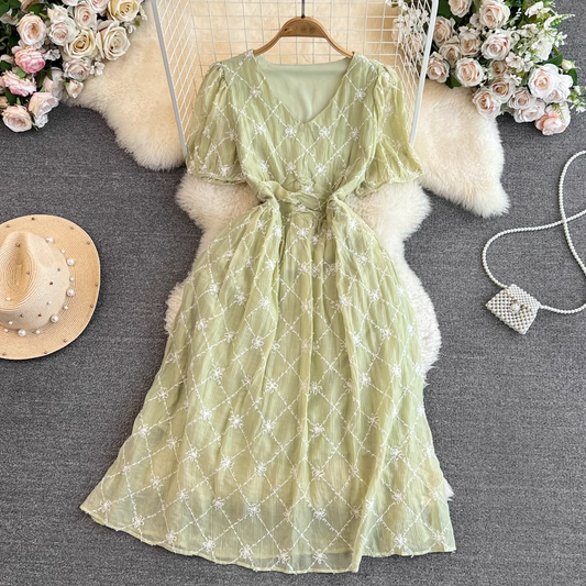 Sweet Fairy Dress V Neck Mid Length A Line Chiffon Dress Summer 1674