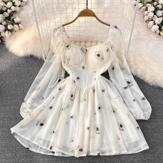 Korean Style Square Collar Long Sleeves Flora A Line Princess Fluffy Dress 1600