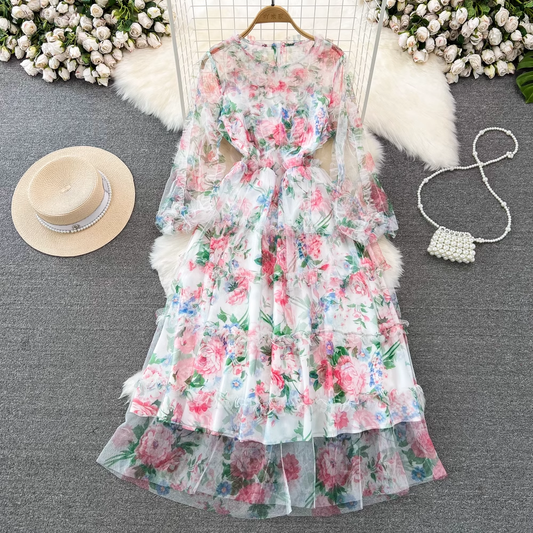 Sweet Long Sleeved Round Neck A Line Ruffled Autumn Elegant Long Dress 1344