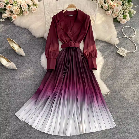 Suit Collar  Gradient A Line Elegant Pleated Dress 1569