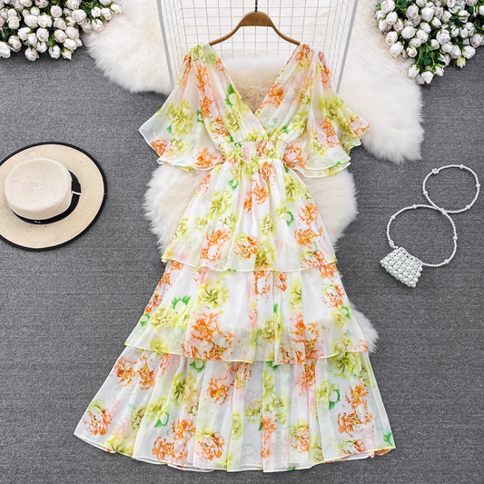 V Neck A Line Floral Chiffon Cake Dress Elegant Dress 1622