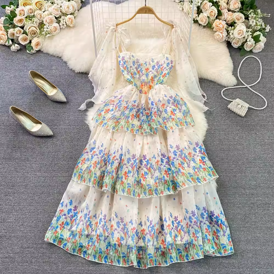 Summer Long Sleeves Printed A Line Cake Dress 1608