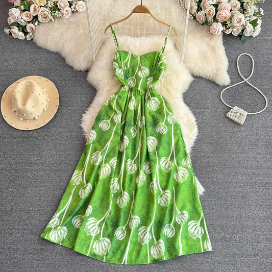 Green Retro  Summer Sleeveless Backless A Line Printed Dress 1650