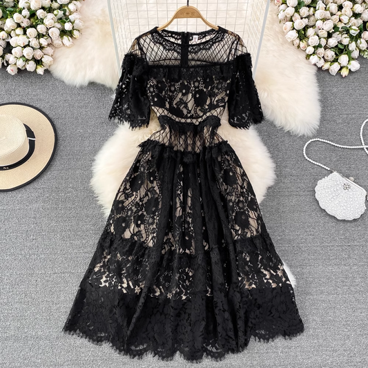 Hollow Round Neck A Line Elegant Lace  Dress 1570