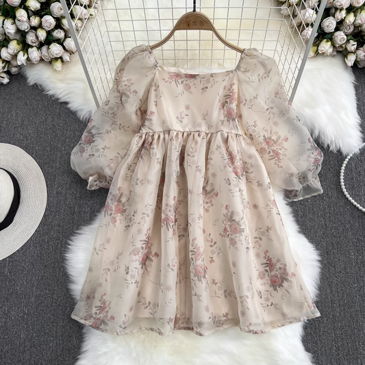 Summer Square Neck Floral Dress Sweet Organza Tutu Princess Dress 1669