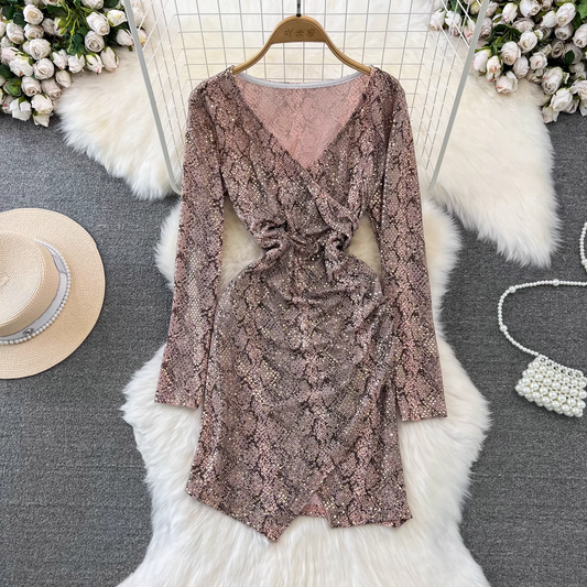 Long Sleeved V Neck Sequined Snake Print Dress Autumn Fall Dress 1482