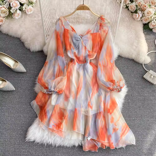 Summer Irregular Backless V Neck Chiffon Dress 1568