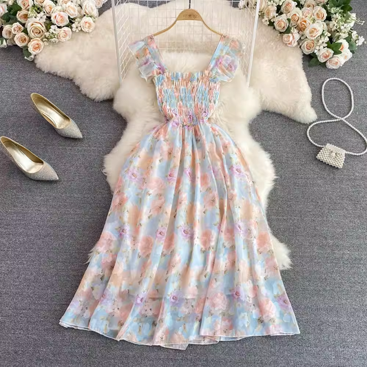 Summer Sweet Floral Print A Line Elegant Suspender Skirt 1586