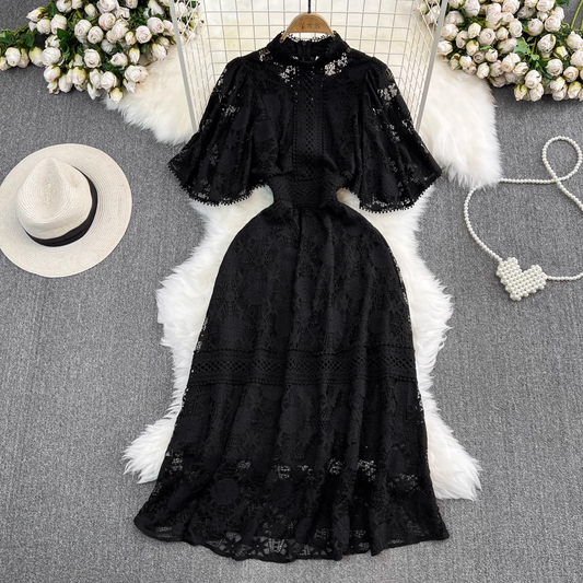 Stand Collar A Line Hollow Lace Dress Elegant Dress Long Skirt 1672