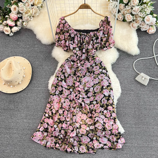 Short Sleeves Square Neck Mid Length Slit A Line Floral Chiffon Ruffles  Dress 1676