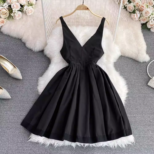 Sexy Deep V Neck Backless Sleeveless A Line Fluffy Dress 1575