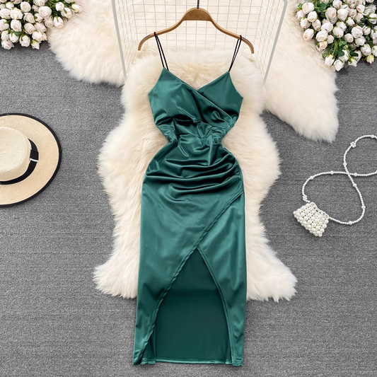 Sexy Spaghetti Strap Strap Satin Slit Dress 1616