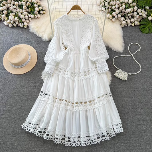 Spring and Autumn Retro Long Sleeve Lace Hollow Round Neck A Line Dress 1544