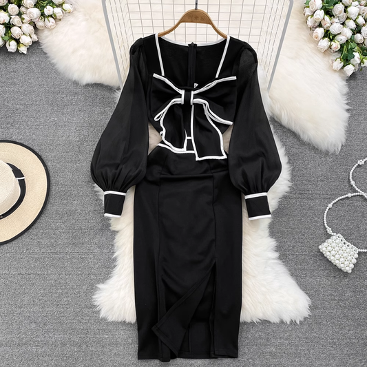 Retro Lantern Long Sleeve Square Neck Bow Knot Slit Dress 1620