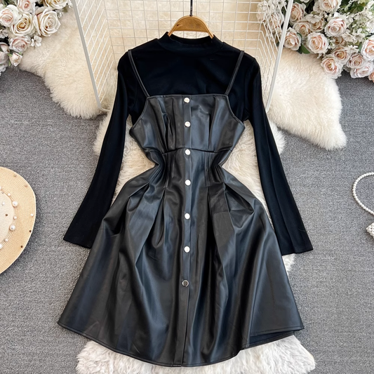 Autumn and Winter Twopieces Set A Line Pu Leather Suspender Dress 1476