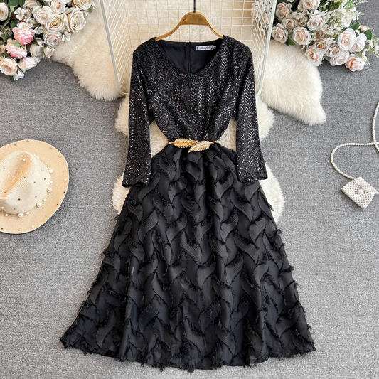 Spring and Autumn Long Sleeve V Neck Sequined A Line Tassel Dress Elegant Long Dress 1478