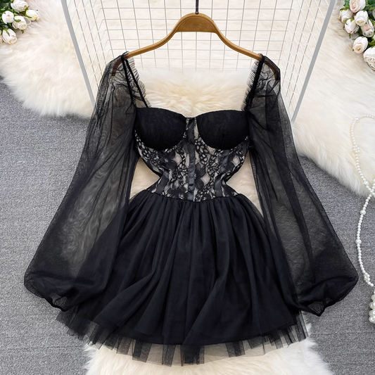 Sexy Square Neck Long Sleeve Puff Lace Short Dress 1617