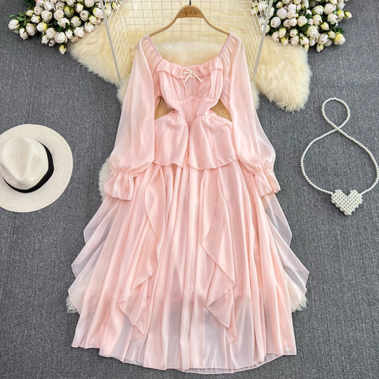 Fairy Long Sleeve Square Neck A Line Ruffle Dress  Fall Dress 1655